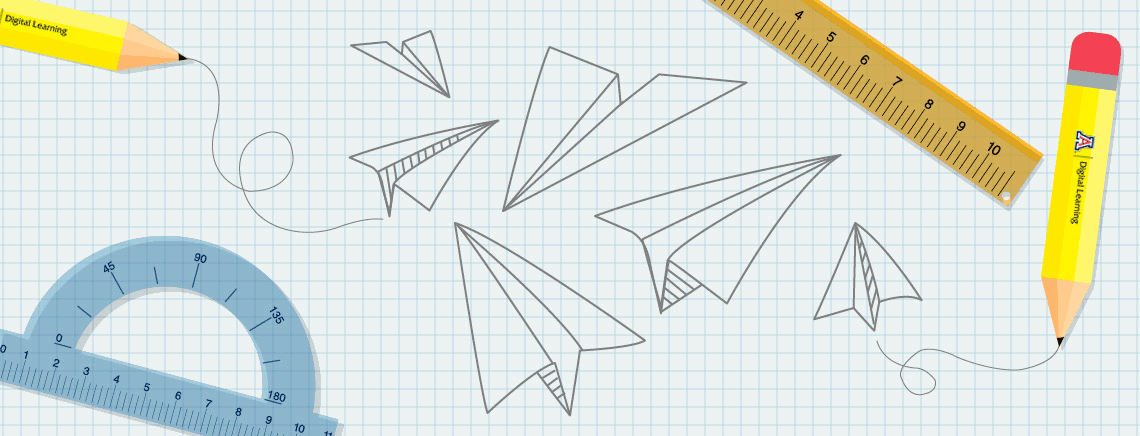 blueprint, paper airplanes, ruler, pencils , and protractor