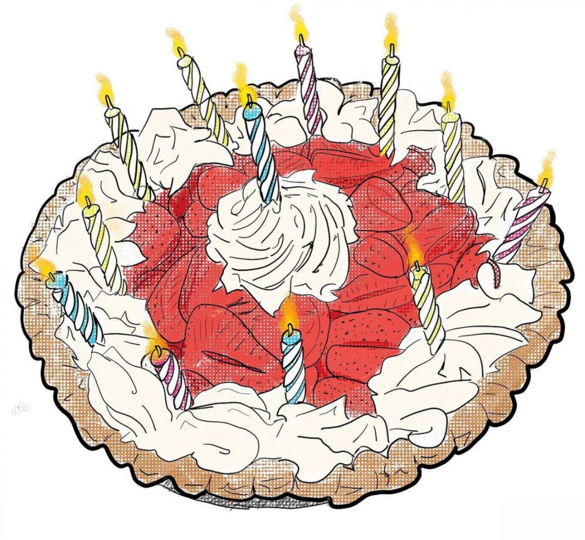 pie with strawberry and cream toppings with 12 candles on top