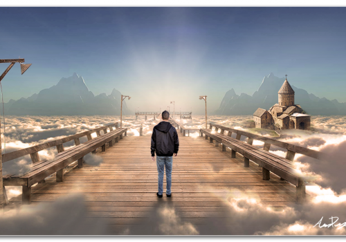 Composite of man on pier