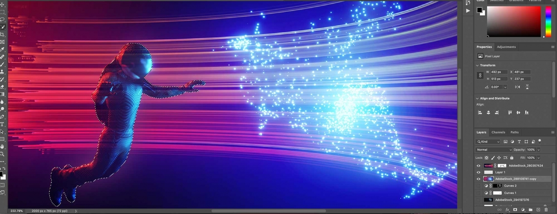Screenshot of the Photoshop software with a spaceman reaching into sparkling lights